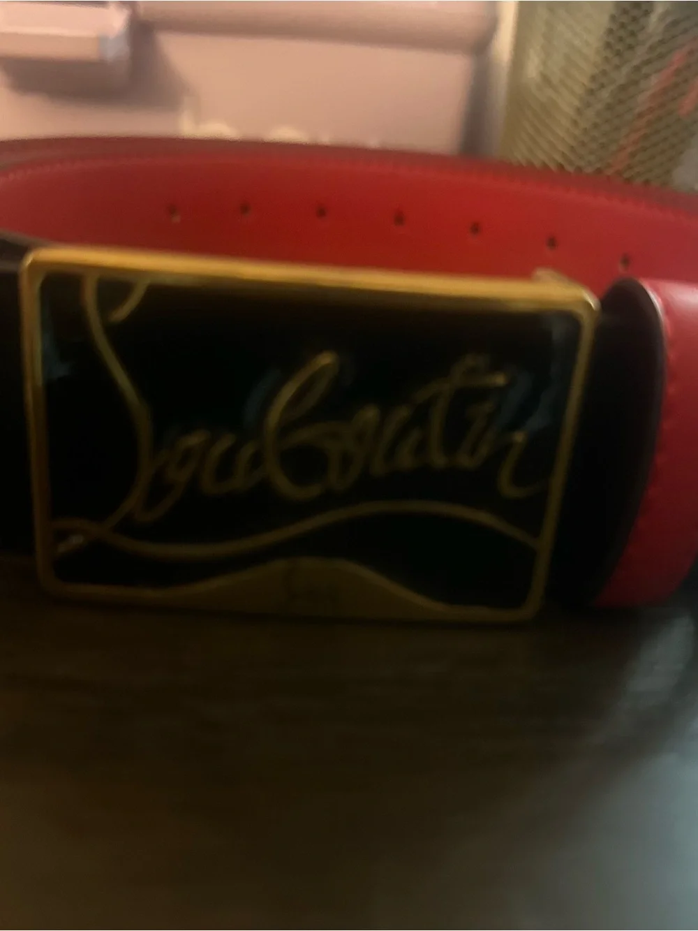 LUX Black Leather Belt with Red Interior and Gold Logo Buckle - Picture 2 of 7